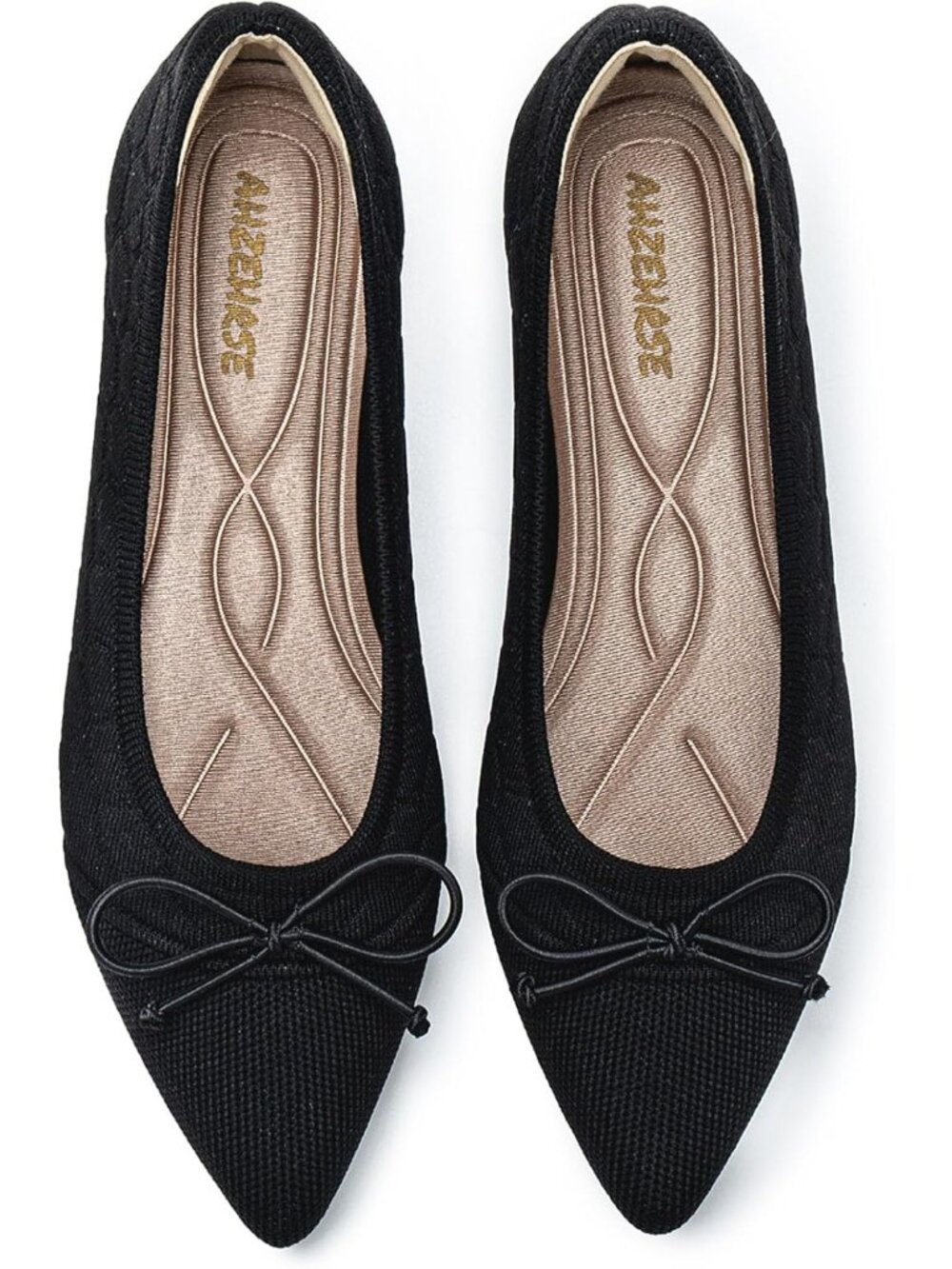Women's Black 2 Pointed Toe Ballet Flats Comfortable Knit Dressy Bow Flats Shoes